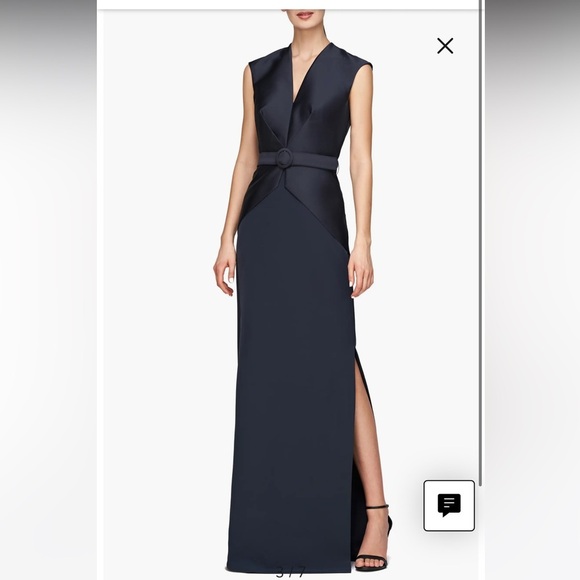 new Kay Unger Bronwyn belted column structured v neck gown in french navy - Picture 1 of 10